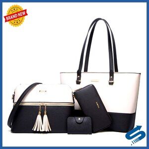 Synthetic Leather Tote Set with Shoulder Bag, Crossbody, and Cosmetic Bag